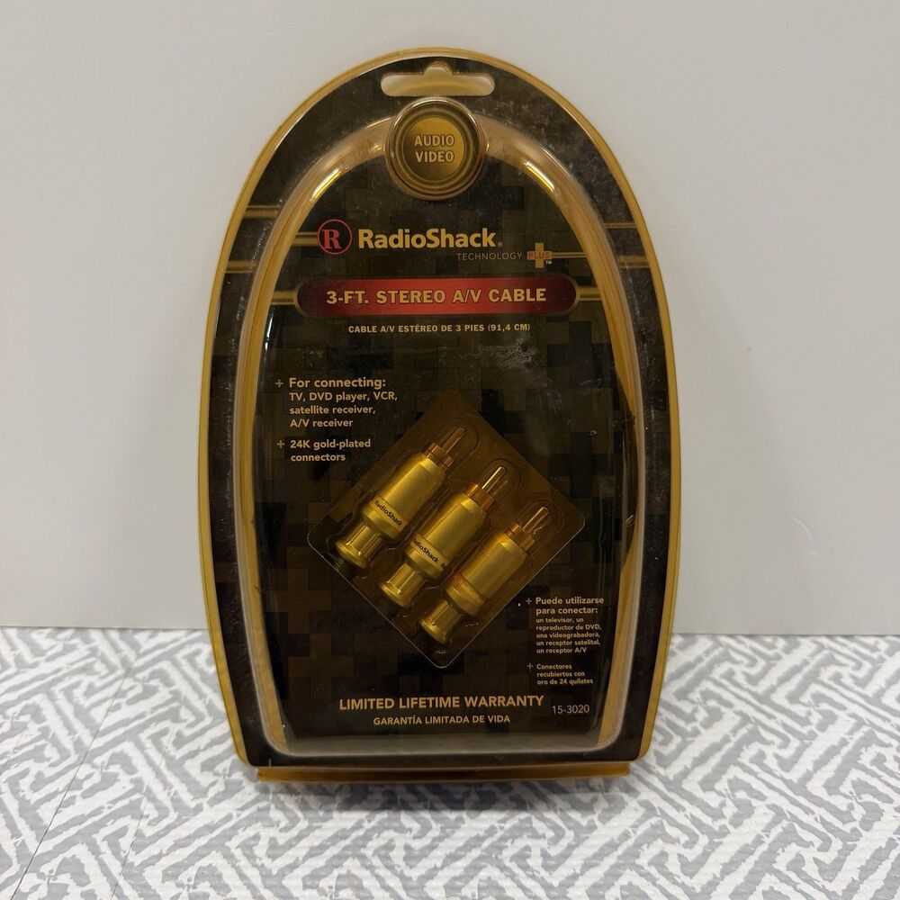 RadioShack 3-Ft Stereo A/V Cable 24K Gold-Plated RCA Connectors 15-3020 NOS New
